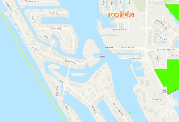 Covered mainland boat slip for sale at gated Seagull Moorings, 8263 Esther Street, Englewood FL